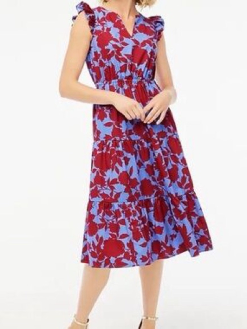 J. Crew Tiered Floral Midi Dress Size 16 Pockets Flutter Sleeve EUC